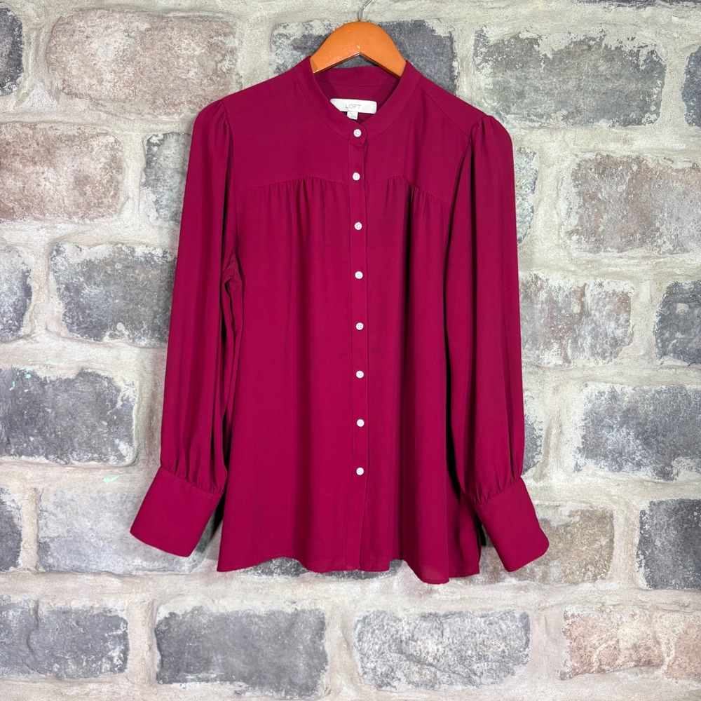 Loft Womens Berry Pink Band Collar Button Down Blouse Size L Long Sleeve Modest